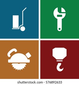 Set of 4 Construction filled icons such as wrench, saw blade, hook