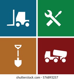 Set of 4 Construction filled icons such as shovel, tractor, concrete mixer