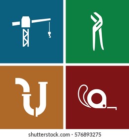 Set of 4 Construction filled icons such as construction crane, pipe, pliers