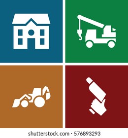 Set of 4 Construction filled icons such as house, excavator, truck with hook