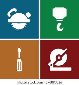 Set of 4 Construction filled icons such as screwdriver, circular saw, saw blade