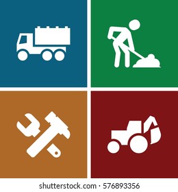 Set of 4 Construction filled icons such as hummer and wrench, truck, excavator