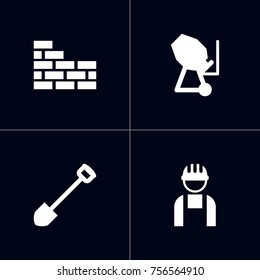 Set Of 4 Construction Icons Set.Collection Of Brick Wall, Spade, Cement Machine And Other Elements.