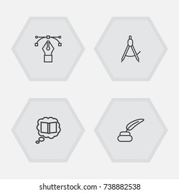 Set Of 4 Constructive Outline Icons Set.Collection Of Bezier Curve, Inkwell With Pen, Knowledge And Other Elements.