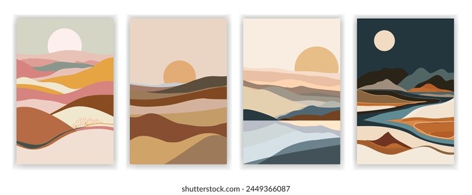 Set of 4 Contemporary Aesthetic Landscapes with Sunrise, Abstract Earth Tones and Pastel Colors