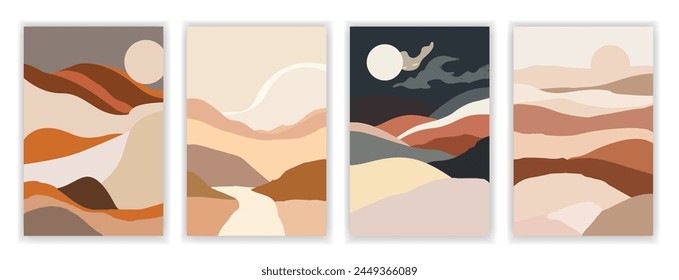 Set of 4 Contemporary Aesthetic Landscapes with Sunrise, Abstract Earth Tones and Pastel Colors