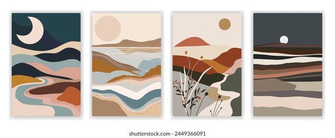 Set of 4 Contemporary Aesthetic Landscapes with Sunrise, Abstract Earth Tones and Pastel Colors