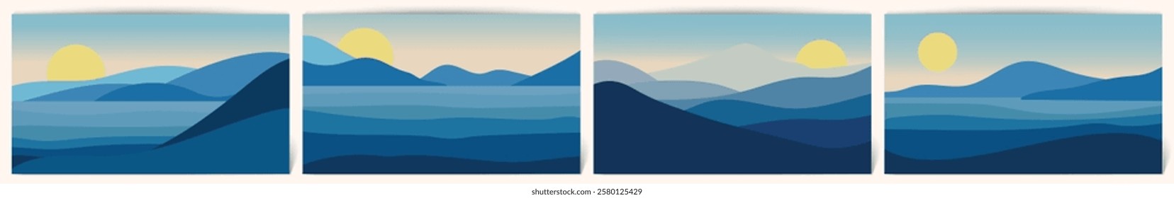 Set of 4 Contemporary Aesthetic Landscapes with Sunrise, mountains lake sunset wall art poster design Abstract Earth Tones and Pastel Colors