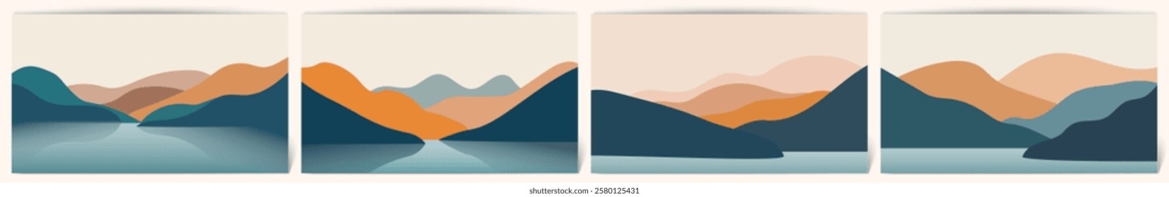 Set of 4 Contemporary Aesthetic Landscapes with Sunrise, mountains lake sunset wall art poster design Abstract Earth Tones and Pastel Colors