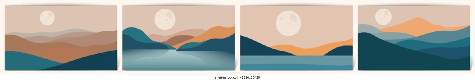 Set of 4 Contemporary Aesthetic Landscapes with Sunrise, mountains lake sunset wall art poster design Abstract Earth Tones and Pastel Colors