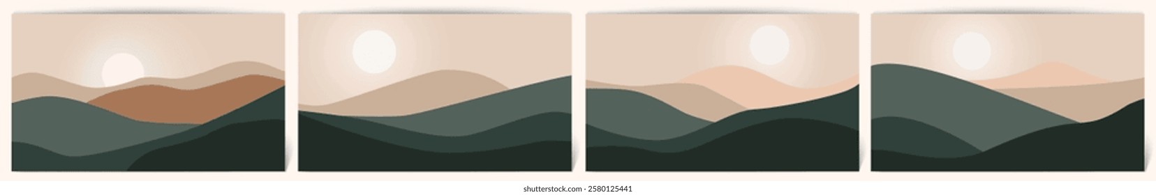 Set of 4 Contemporary Aesthetic Landscapes with Sunrise, mountains lake sunset wall art poster design Abstract Earth Tones and Pastel Colors