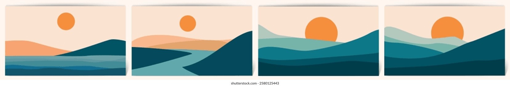 Set of 4 Contemporary Aesthetic Landscapes with Sunrise, mountains lake sunset wall art poster design Abstract Earth Tones and Pastel Colors