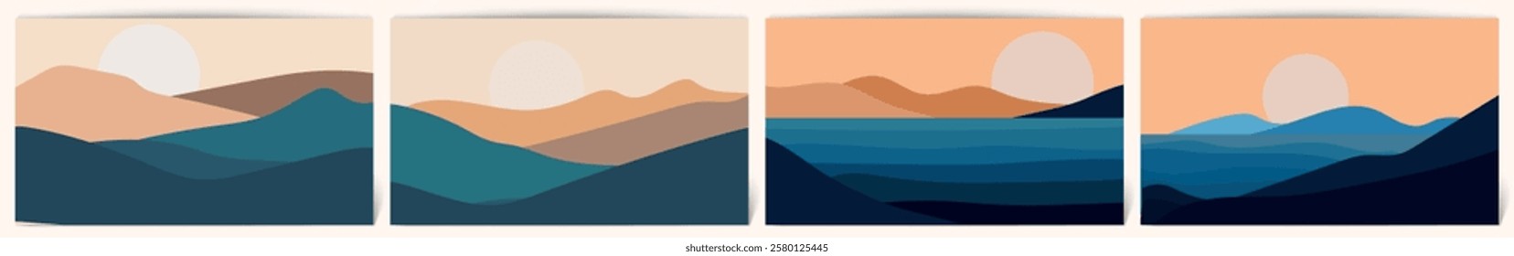 Set of 4 Contemporary Aesthetic Landscapes with Sunrise, mountains lake sunset wall art poster design Abstract Earth Tones and Pastel Colors