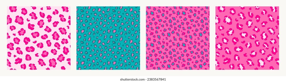 Set of 4 contemporary leopard seamless patterns. Abstract animalistic background in hot pink, teal, blue colors. Matching surface design for packaging, wrapping, textile, fabric, digital paper