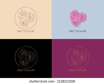 Set of 4 contemporary logo design with flowers. Logotype concept kit. Minimalistic business card.