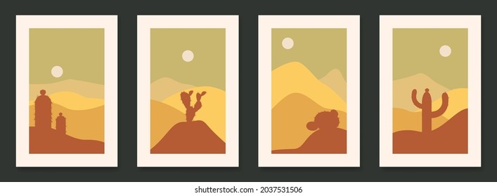 Set of 4 contempory landscape with cactus posters with cactus vector illustration