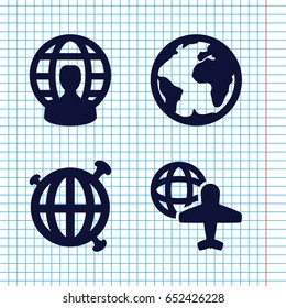 Set of 4 continent filled icons such as globe and plane, user globe, globe