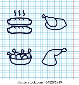Set of 4 cooked outline icons such as chicken leg, meat leg, sausage