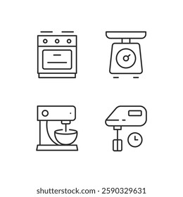 Set of 4 cooking equipment trendy minimal icons. Cooking Book, Mixer, Timer, Soup Bowl icons. Design signs for web page, mobile app, packaging design. Vector illustration