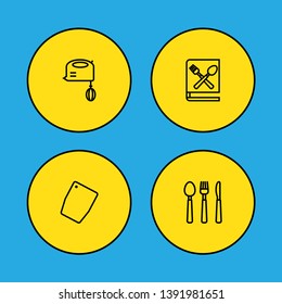 Set of 4 cooking icons line style set. Collection of cooking instruction, cutting surface, silverware and other elements.
