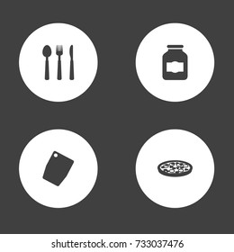 Set Of 4 Cooking Icons Set.Collection Of Silverware, Cutting Surface, Pepperoni And Other Elements.