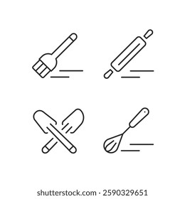 Set of 4 cooking trendy minimal icons. Rolling Pin, Salt Shaker, Cooking Book, Soup Bowl icons. Design signs for web page, mobile app, packaging design. Vector illustration