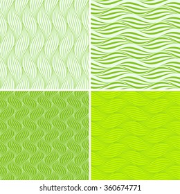 A set of 4 coordinated seamless pattern tiles, vertical and horizontal graphic stylized waves, in a light green palette