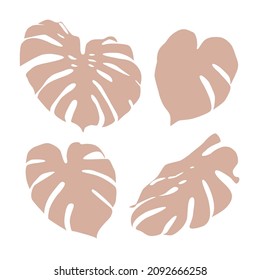 Conjunto de 4 hojas de monstera de coral formas pegatinas de diseño plano. Iconos 
ilustración de silueta aislada en fondo blanco 