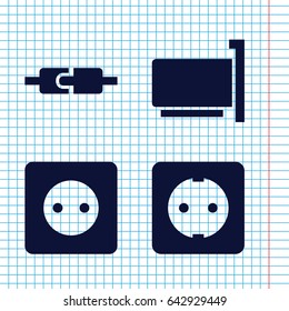 Set of 4 cord filled icons such as plug socket, phone connection cable