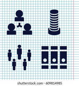 Set of 4 corporate filled icons such as business center building, binder, group