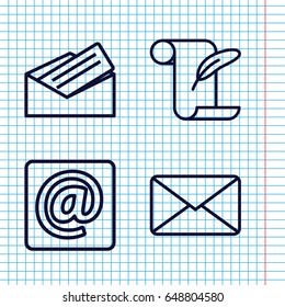 Set of 4 correspondence outline icons such as feather and paper, at email, mail