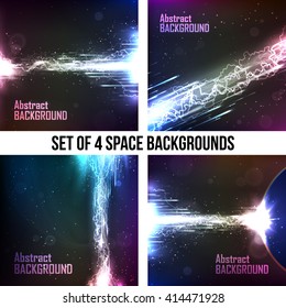 Set of 4 cosmic abstract background with energy flow and lightning. Template for business presentations with empty space for your text. Vector.