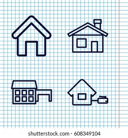 Set of 4 cottage outline icons such as house building, home