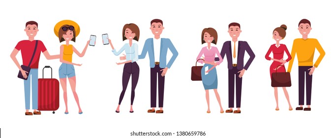 Set of 4 couples in clothes for rest, for work, for holidays, for cultural events. Families characters in casual clothes. different people wearing stylish clothes. Vector flat cartoon illustration