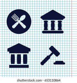 Set of 4 court filled icons such as spoon and fork, bank