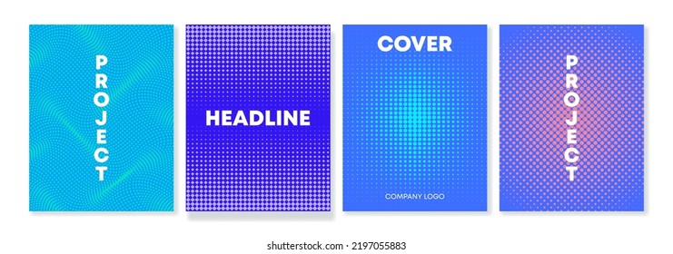 Conjunto de 4 plantillas de portada y patrones de semitonos en colores vibrantes. Para folletos, folletos, catálogos, banners, tarjetas de visita y otros proyectos. Para web e impresión.
