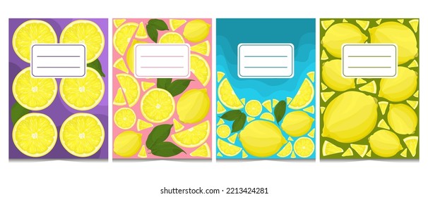 Set of 4 cover templates for notebooks with lemons, slices and leaves. Illustration in flat style with abstract waves. Isolated on white background.