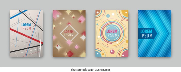 Set of 4 covers with flat geometric pattern. Can be use for flyers, posters, banners, etc. Vector illustration.