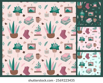 Set of 4 cozy hygge seamless pattern (1 - without background), cute hand drawn slow living items: home plants, books, cup of tea or coffee, painting, candle, socks, cookies, chocolate, spoon, twigs.