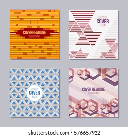 Set of 4 creative covers with abstract geometric pattern. Applicable for Posters, Placards, Covers, Cards, Flyers and Banner Designs. Vector colorful backgrounds. Modern design. Vector illustration.