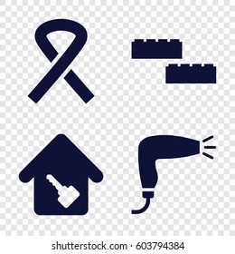 Set of 4 creative filled icons such as hair dryer, ribbon, home key