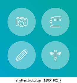 Set of 4 creative icons line style set. Collection of photo, illuminator, wings and other elements.