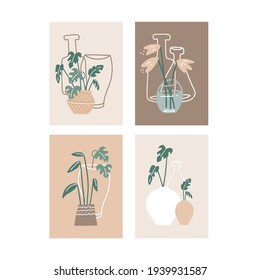 Set of 4 creative minimalistic posters for home decor, greeting card designs. Abstract pastel vector illustrations with hand drawn design pastel elements, plants, vases, lines, geometric shapes.