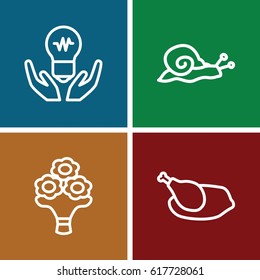 set of 4 creative outline icons such as snail, bouquet flower, chicken