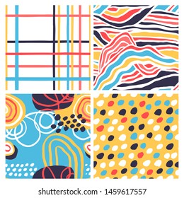 Set of 4 creative seamless pattern with hand drawn textures. Abstract background. Great for fabric, textile, wrapping paper. Vector Illustration.