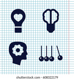Set of 4 creativity filled icons such as gear in head, bulb heart, brain bulb