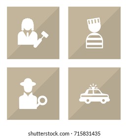 Set Of 4 Crime Icons Set.Collection Of Lawyer, Prisoner, Inspector And Other Elements.