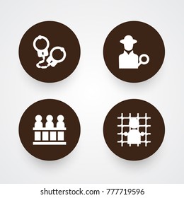 Set Of 4 Crime Icons Set.Collection Of Manacles, Jail, Jury And Other Elements.