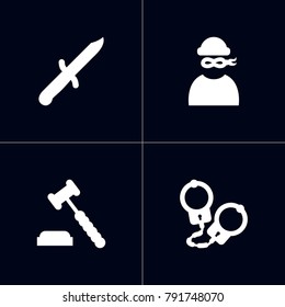 Set Of 4 Crime Icons Set.Collection Of Manacles, Judge Gavel, Bayonet And Other Elements.
