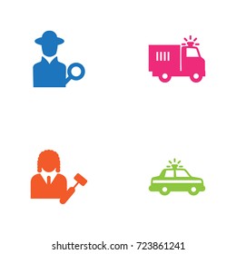 Set Of 4 Criminal Icons Set.Collection Of Lawyer, Police Car, Inspector And Other Elements.